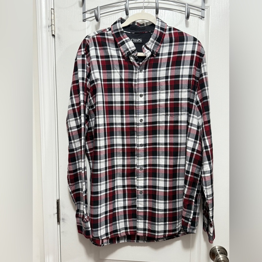 Ralph Lauren Chaps Flannel Plaid Shirt Mens XL Red‎ Black White Cotton Button Up